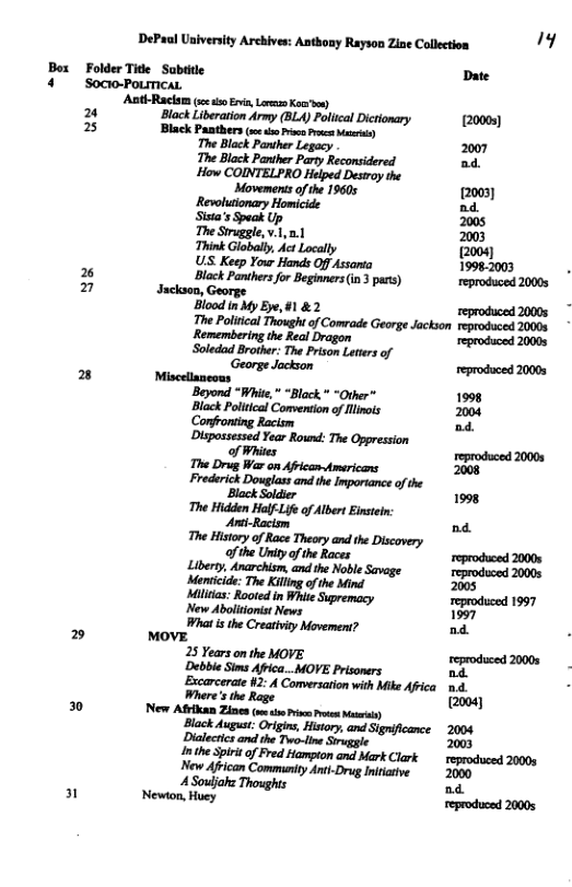 DePaul University Archives: Anthony Rayson Zine Calletion Y Box Folder Tide Sobtide Date 4 Socio-PoumcaL Ant-Raclam o i i, Lo Kooy 2 ‘Block Liberation Army (BLA) Polial Dictonary [20005) 2 Black Panthers (me o o o M) The Black Pariher Legocy 2007 The Black Panther Party Reconsidered ad. How COINTELPRO Helped Desiroy the Movemerts of the 19605 2003) Revolutionary Homicide ad Sista’s Speak Up 2005 The Sruggle, v.1,.1 2003 Think Globally, Aet Locally 2004) UL Keep Your Hands Off Assamta 19982003 % Black Panthers for Beginners (i3 pars) reproduced 2000 2 Jackson, George ‘Blood in My Eye, 1 &2 reproduced 20008 The Polrcal Thought of Comade George Jackson reproduced 20008 Remembering the Real Dragon reproduced 20005 Soledad Brothe: The Prison Ltersof George Jackson reproduced 20008 2% Miscelianeous Beyond “Whit, “Black " *Other* 1998 Black Poltcal Comention of linols 2004 Confronting Racism d. Dispassessed Year Rownd: The Oppression o Whites reproduced 20008 The Drug War on Apicamdmericans 2008 Fredarick Douglass and the Inporiance o the Black Soldier 1998 The Hidden HolfLife of Albert Enstein: Ari-Racim nd The History of Race Theory and the Discovery of the Unity o the Races reproduced 20008 Liperty. Anarchism, and the Noble Sovage reproduced 20005 Menticide: The Killing of the Mind 2005 Milias: Rooted in Whise Supremacy reproduced 1997 New Aboliionist News 1997 What s the Creatviy Movement? nd 2 MOVE 25 Years on the MOVE reproduced 20005 Debbi Stms Afica...MOVE Prisoners nd ) 3 Excarcerate #2: A Comversation with Mike Africa nd. Where’s the Rage. 2004} New Afrikan Zines (e o s e M) Black August; Origins, Histoy, and Significance 2004